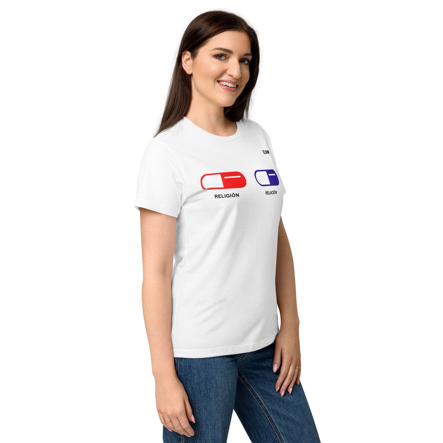Camiseta blanca mujer Religion vs Relationship Elohim - 100% algodón premium.