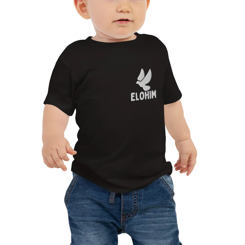 Camiseta negra bebé Elohim logo paloma pequeño discípulo - Ropa cristiana infantil.
