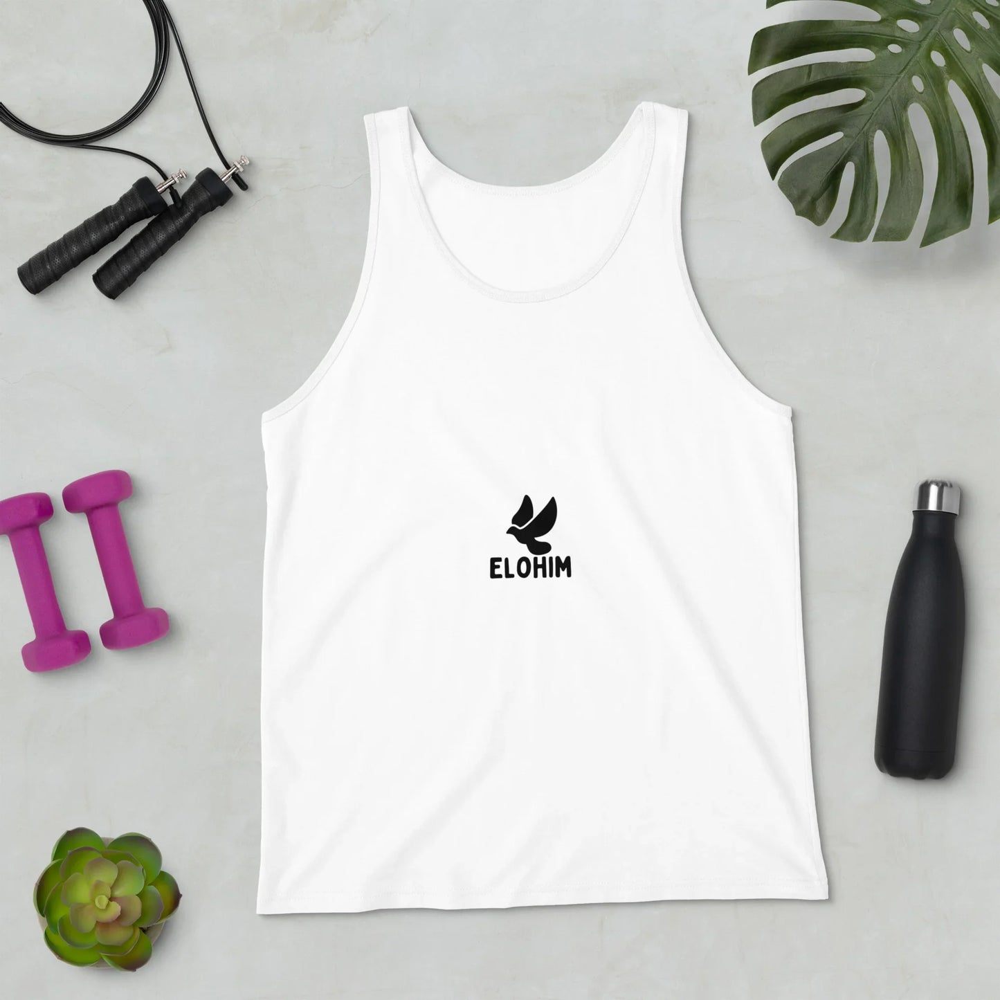 Ropa Cristiana, camiseta cristiana, sudadera cristiana, streetwear cristiano, tank top blanco de hombre con logo Elohim.