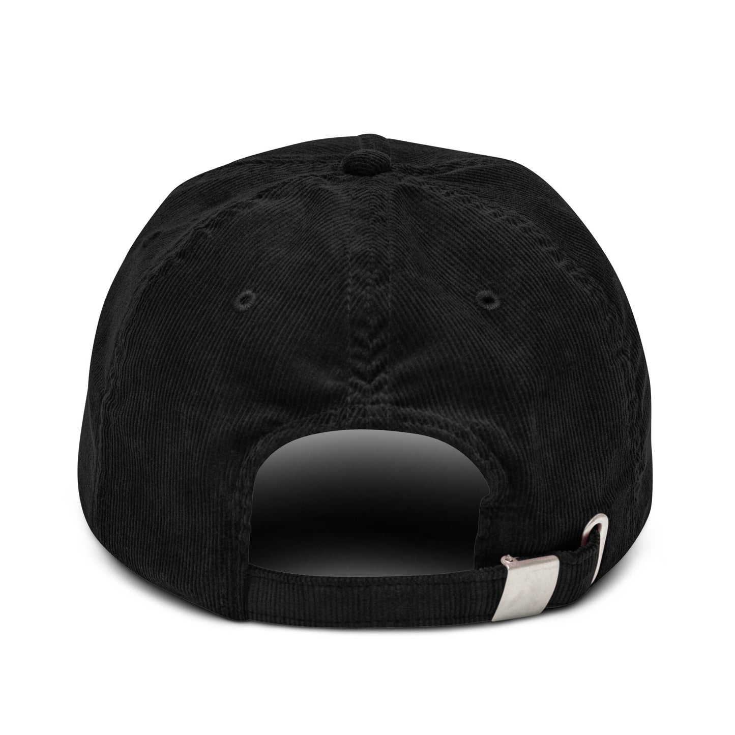 Gorra de pana negra ajustable marca Elohim con logo de paloma bordado en blanco.