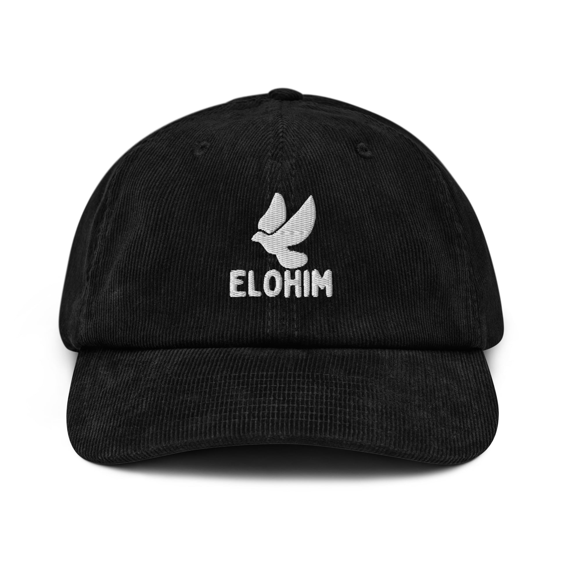 Gorra de pana negra ajustable marca Elohim con logo de paloma bordado en blanco.