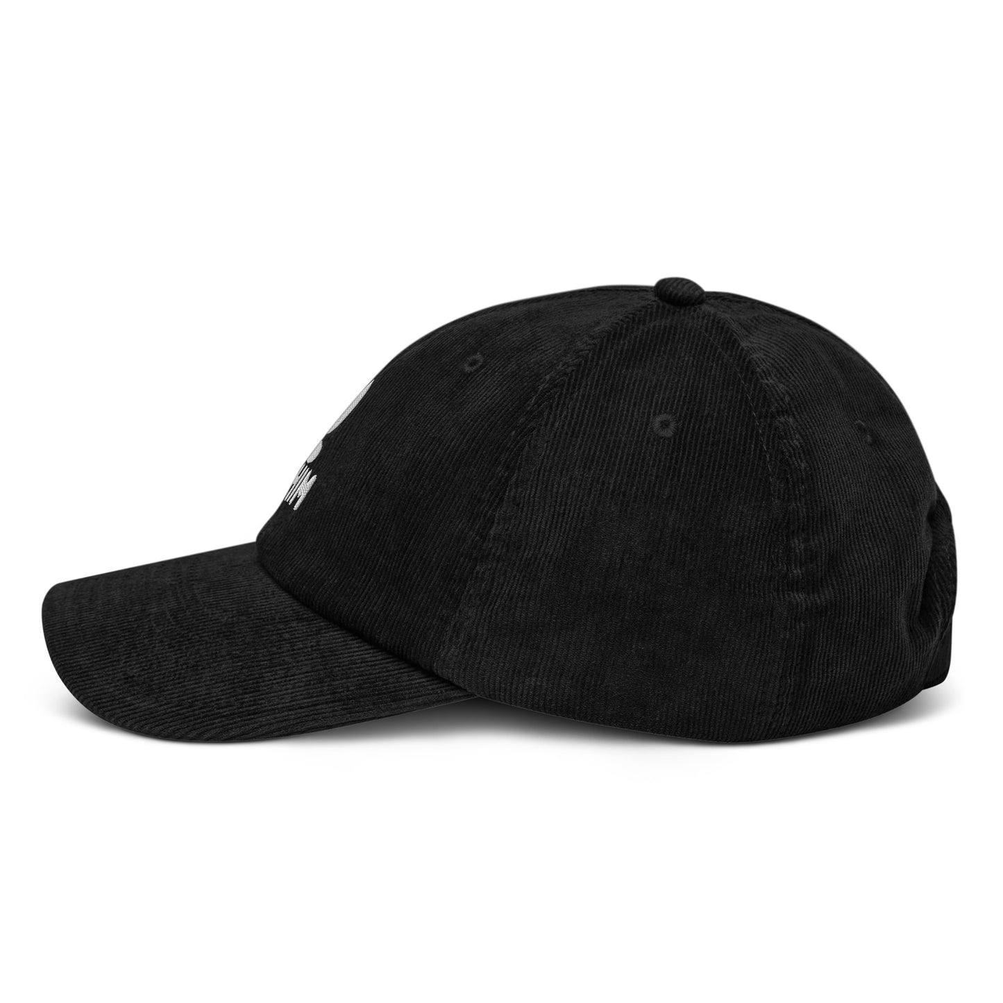 Gorra de pana negra ajustable marca Elohim con logo de paloma bordado en blanco.