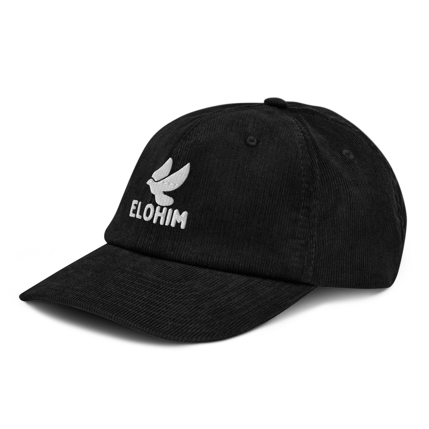 Gorra de pana negra ajustable marca Elohim con logo de paloma bordado en blanco.
