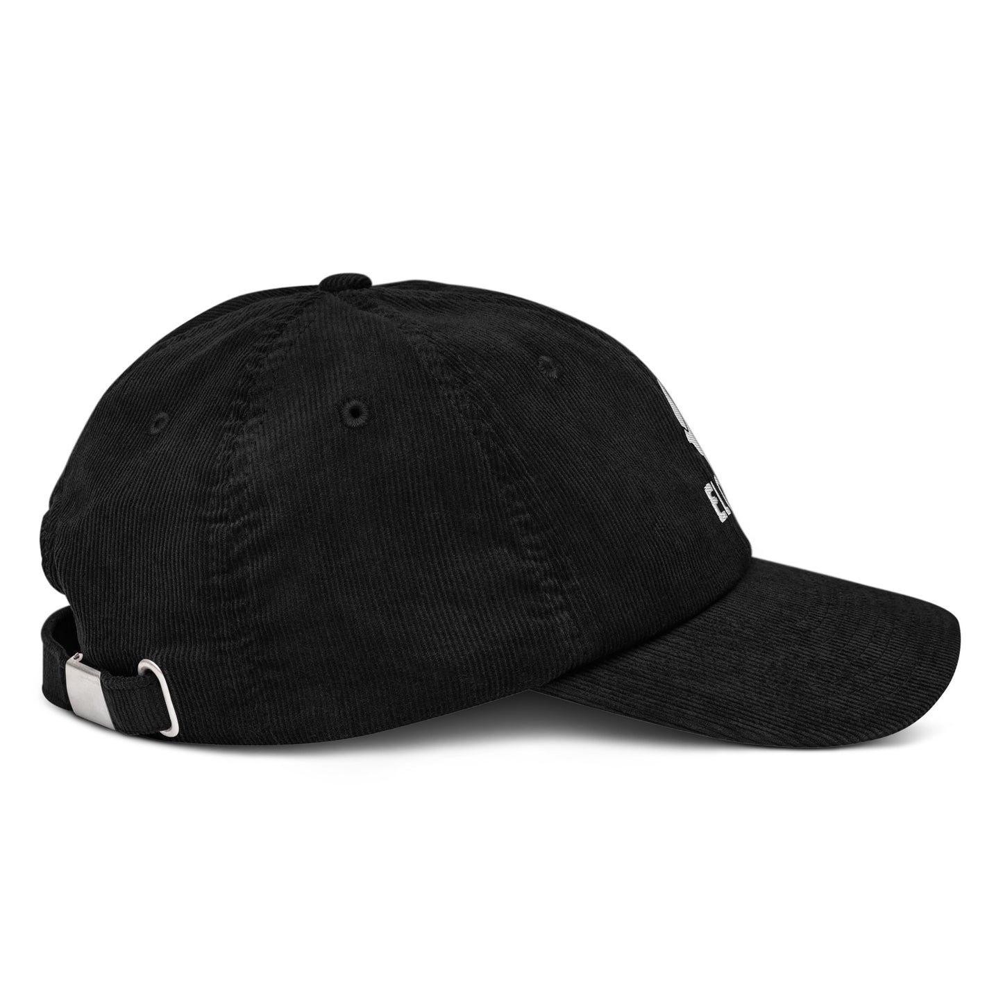 Gorra de pana negra ajustable marca Elohim con logo de paloma bordado en blanco.