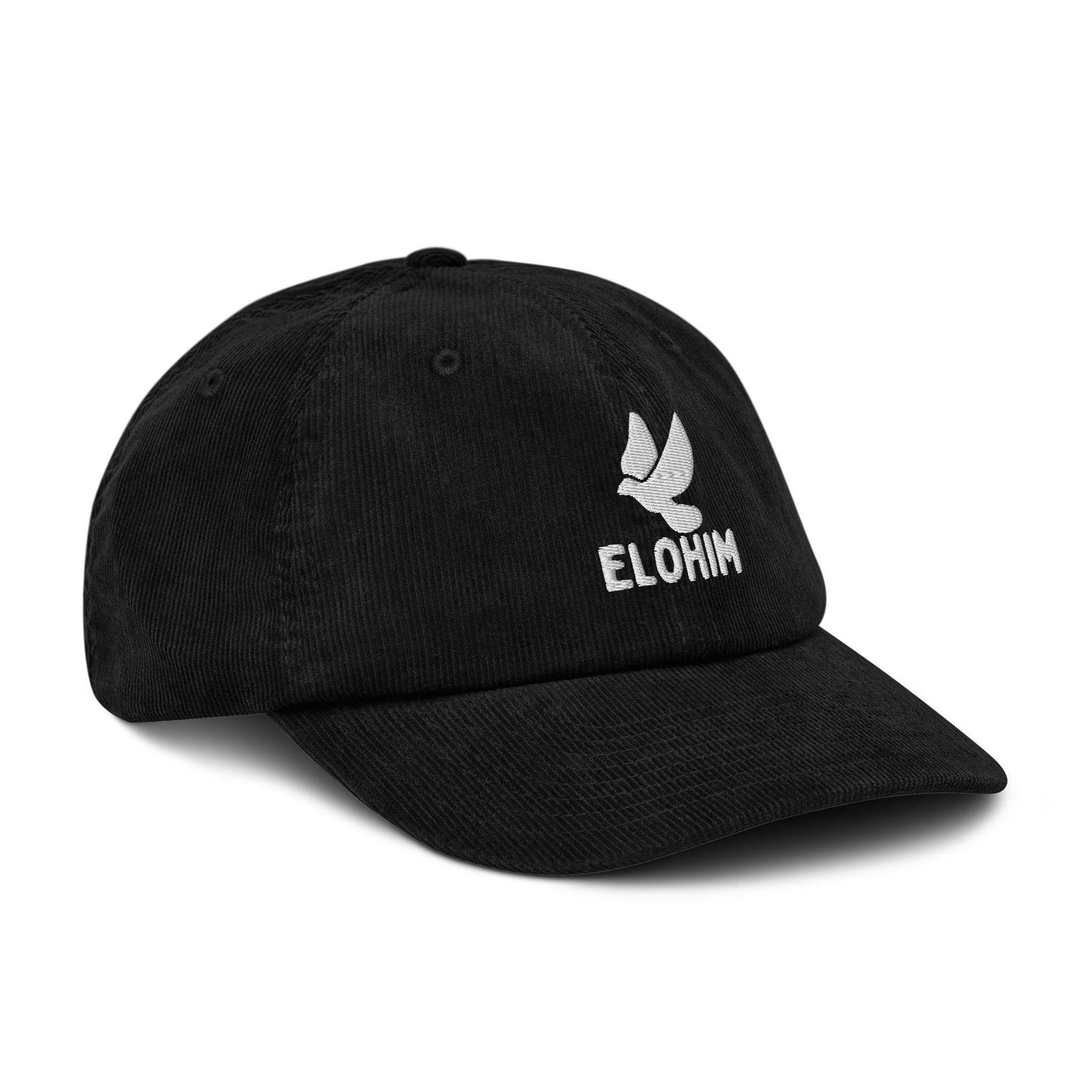 Gorra de pana negra ajustable marca Elohim con logo de paloma bordado en blanco.