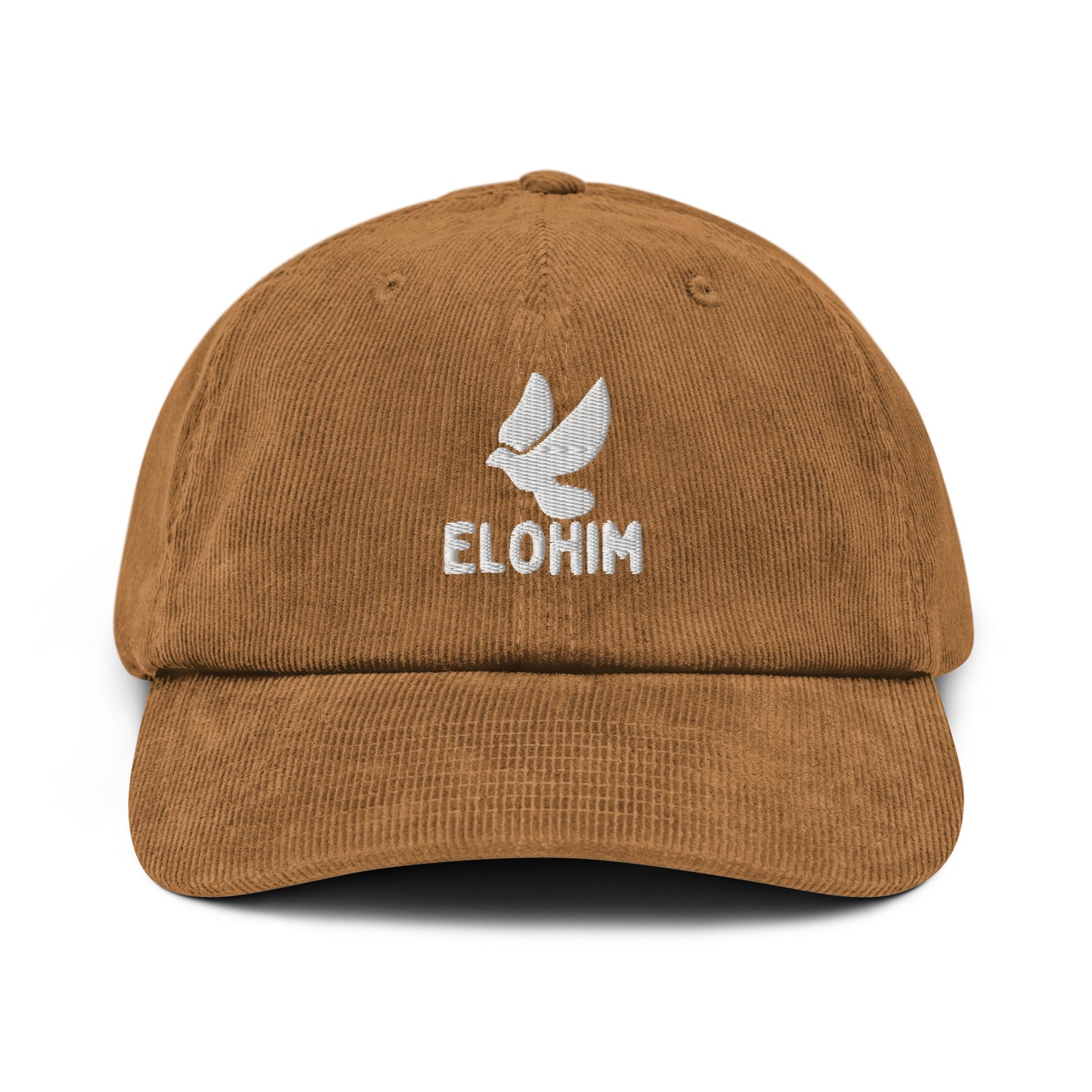 Gorra de pana camello ajustable marca Elohim con logo de paloma bordado en blanco.