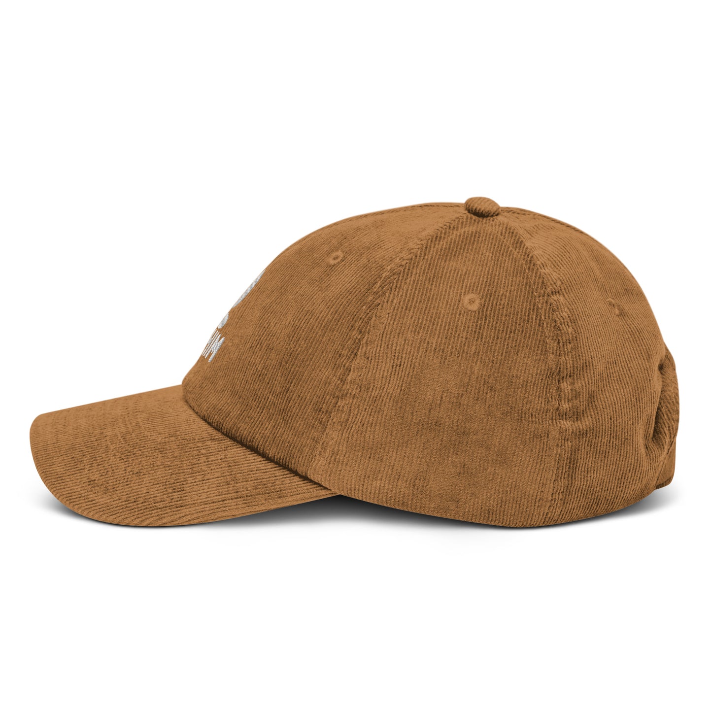 Gorra de pana camello ajustable marca Elohim con logo de paloma bordado en blanco.