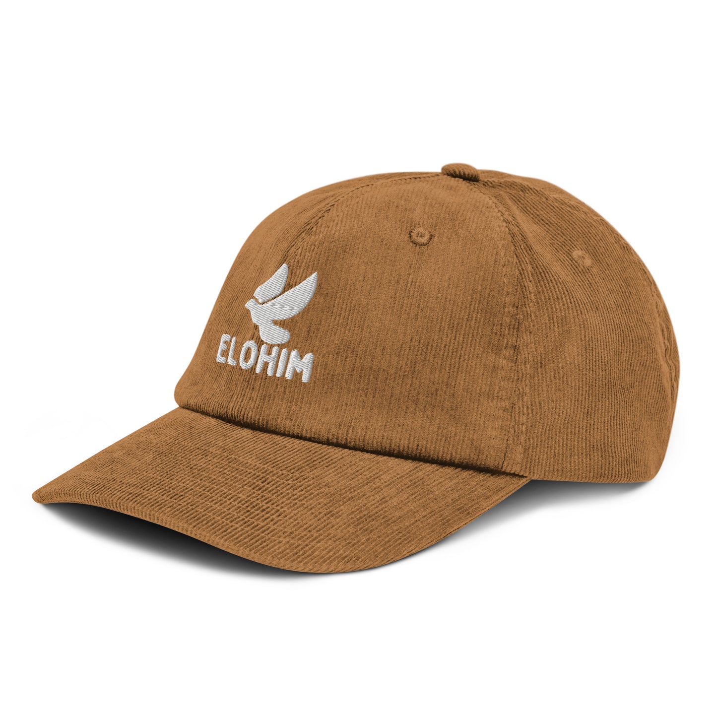 Gorra de pana camello ajustable marca Elohim con logo de paloma bordado en blanco.