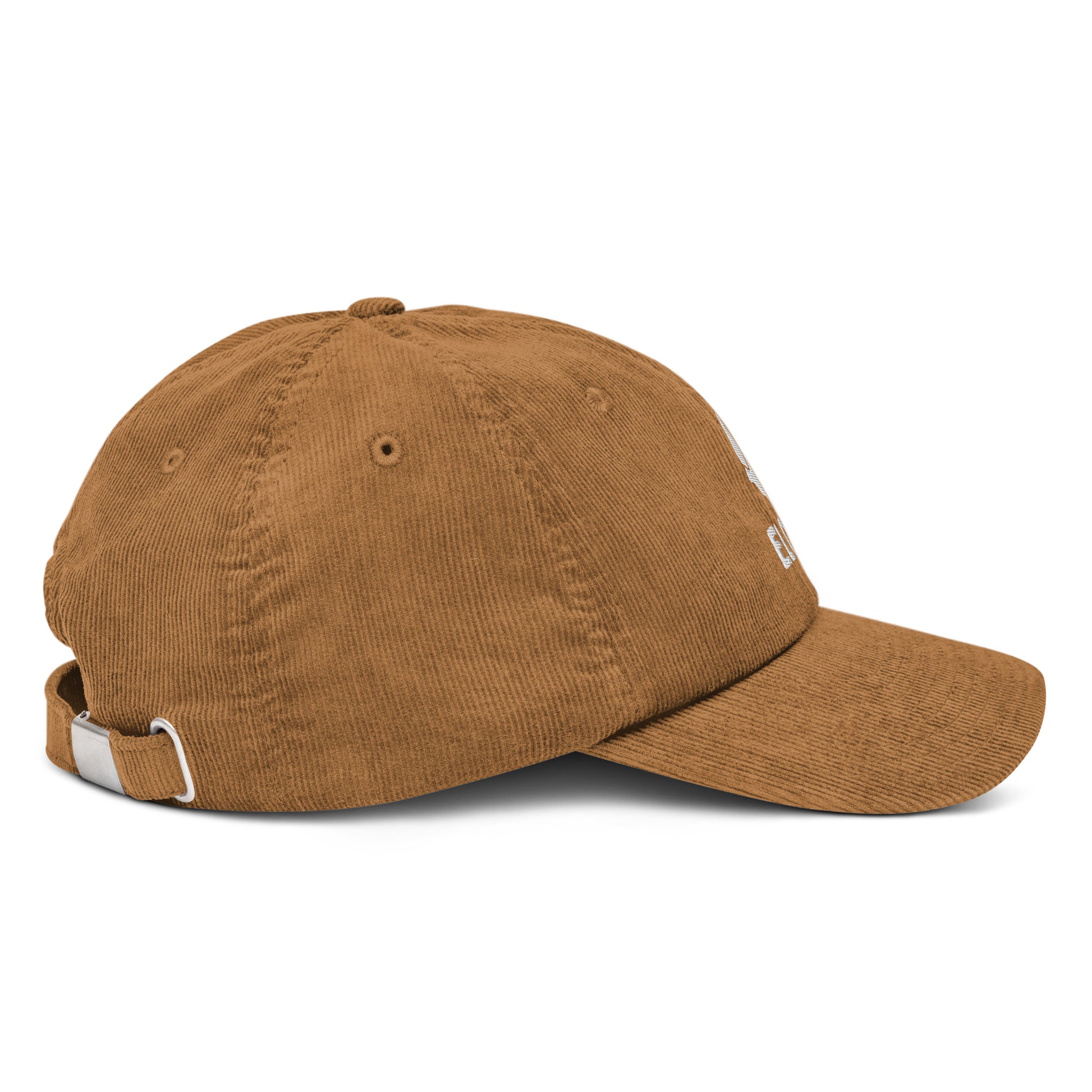 Gorra de pana camello ajustable marca Elohim con logo de paloma bordado en blanco.