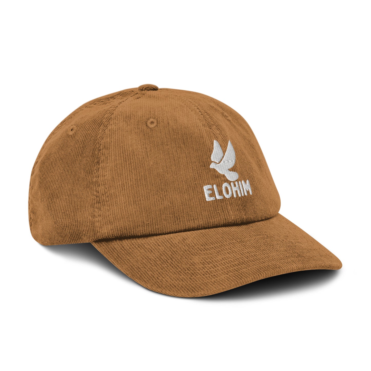 Gorra de pana camello ajustable marca Elohim con logo de paloma bordado en blanco.