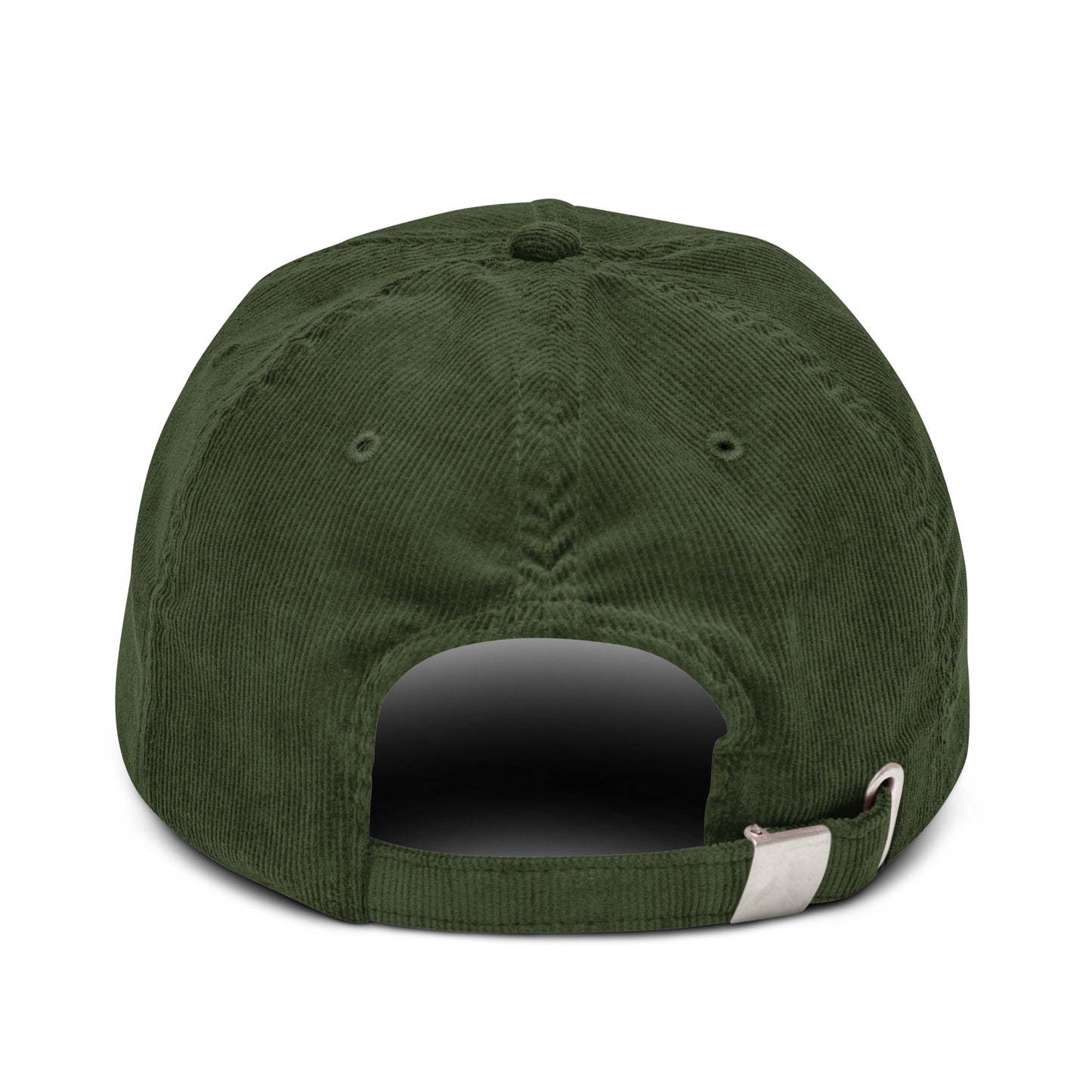 Gorra de pana verde oliva ajustable marca Elohim con logo de paloma bordado en blanco.