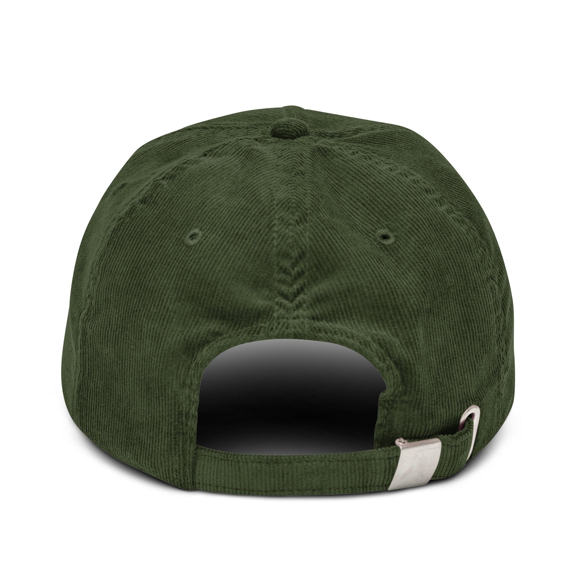 Gorra de pana verde oliva ajustable marca Elohim con logo de paloma bordado en blanco.
