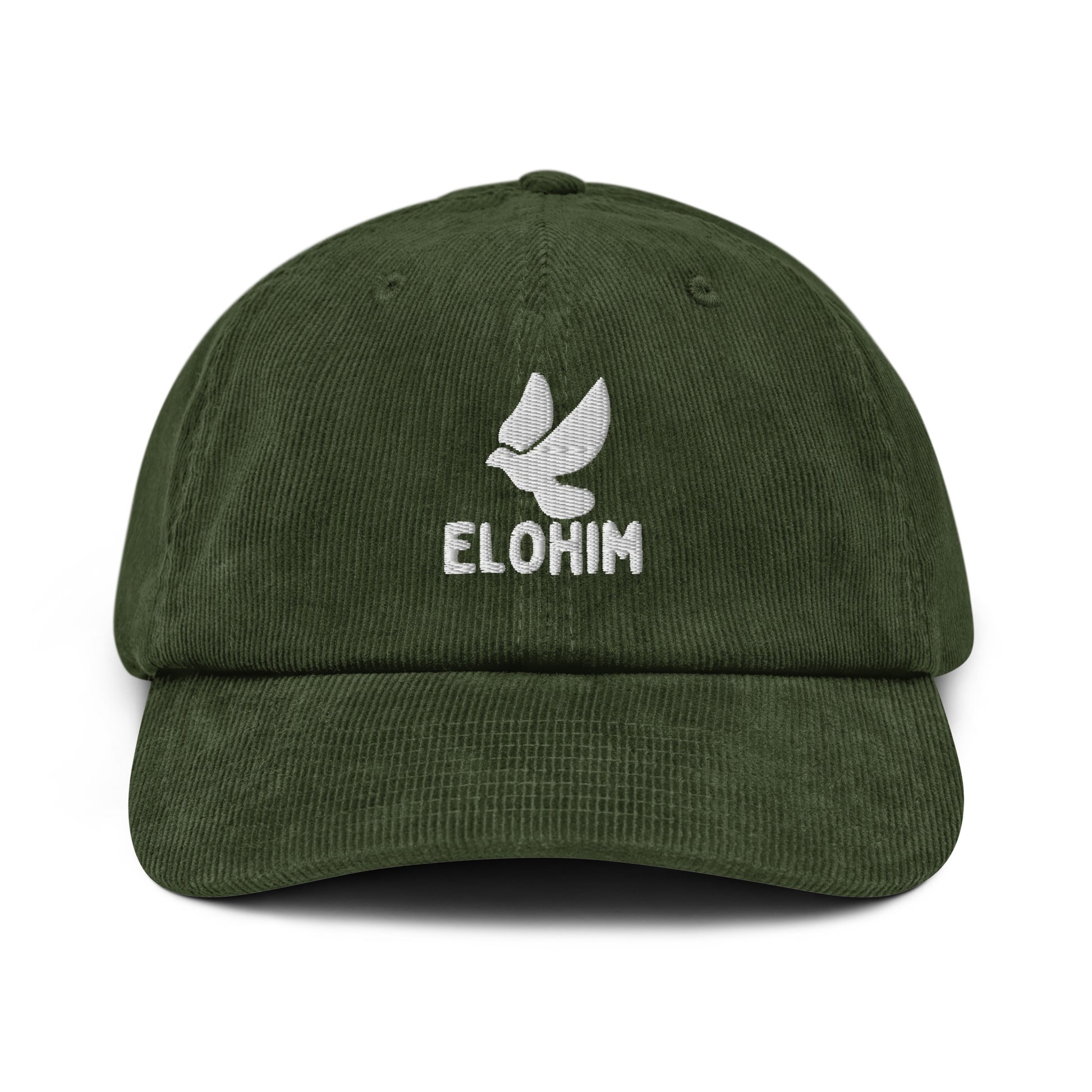 Gorra de pana verde oliva ajustable marca Elohim con logo de paloma bordado en blanco.