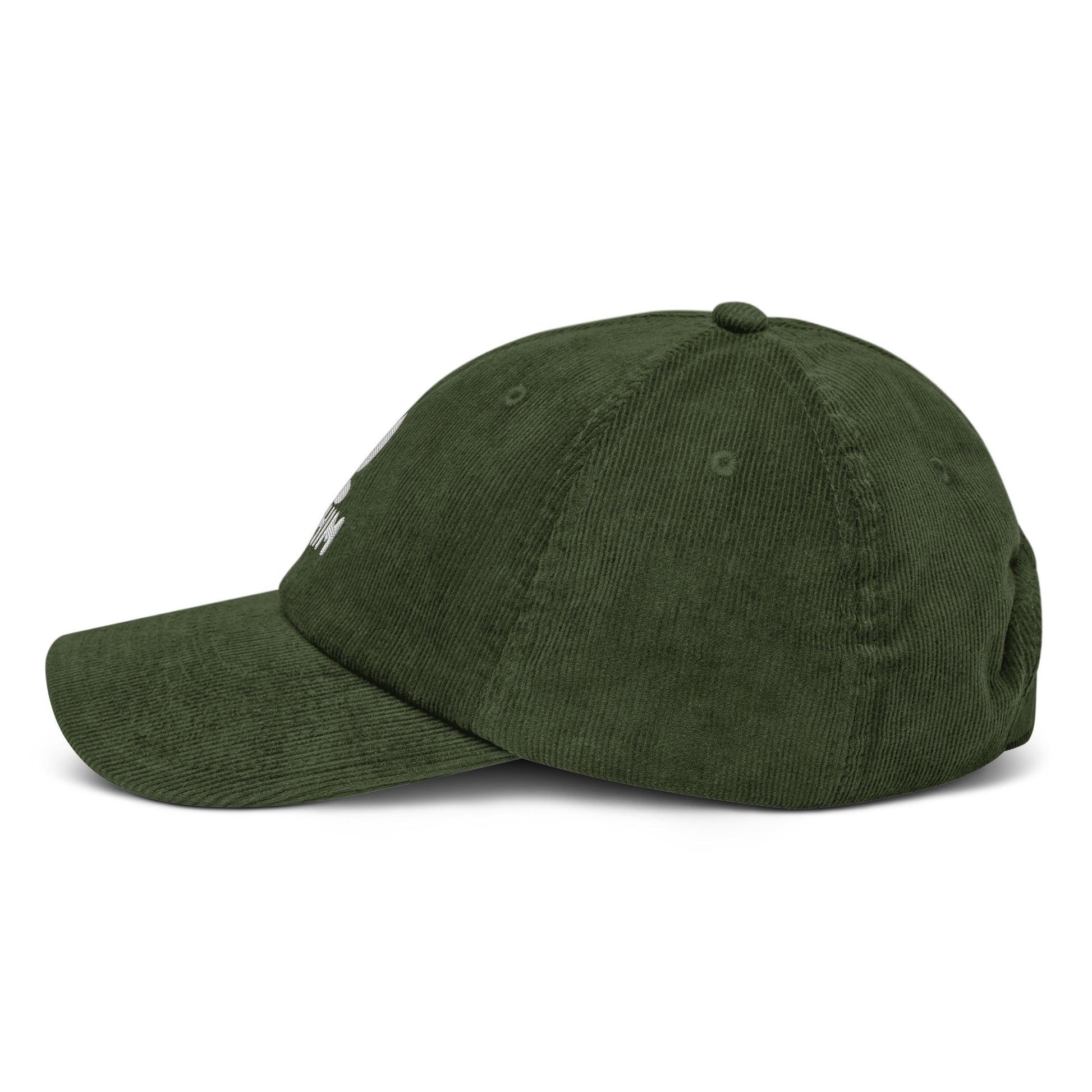Gorra de pana verde oliva ajustable marca Elohim con logo de paloma bordado en blanco.