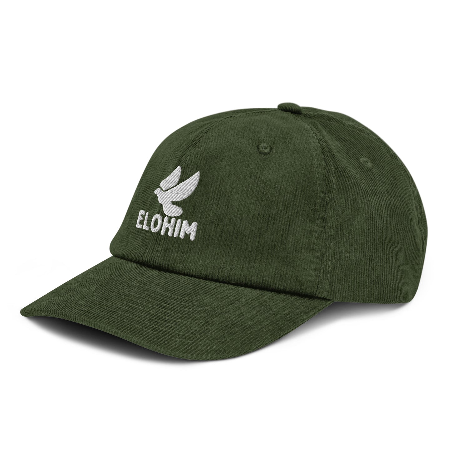 Gorra de pana verde oliva ajustable marca Elohim con logo de paloma bordado en blanco.
