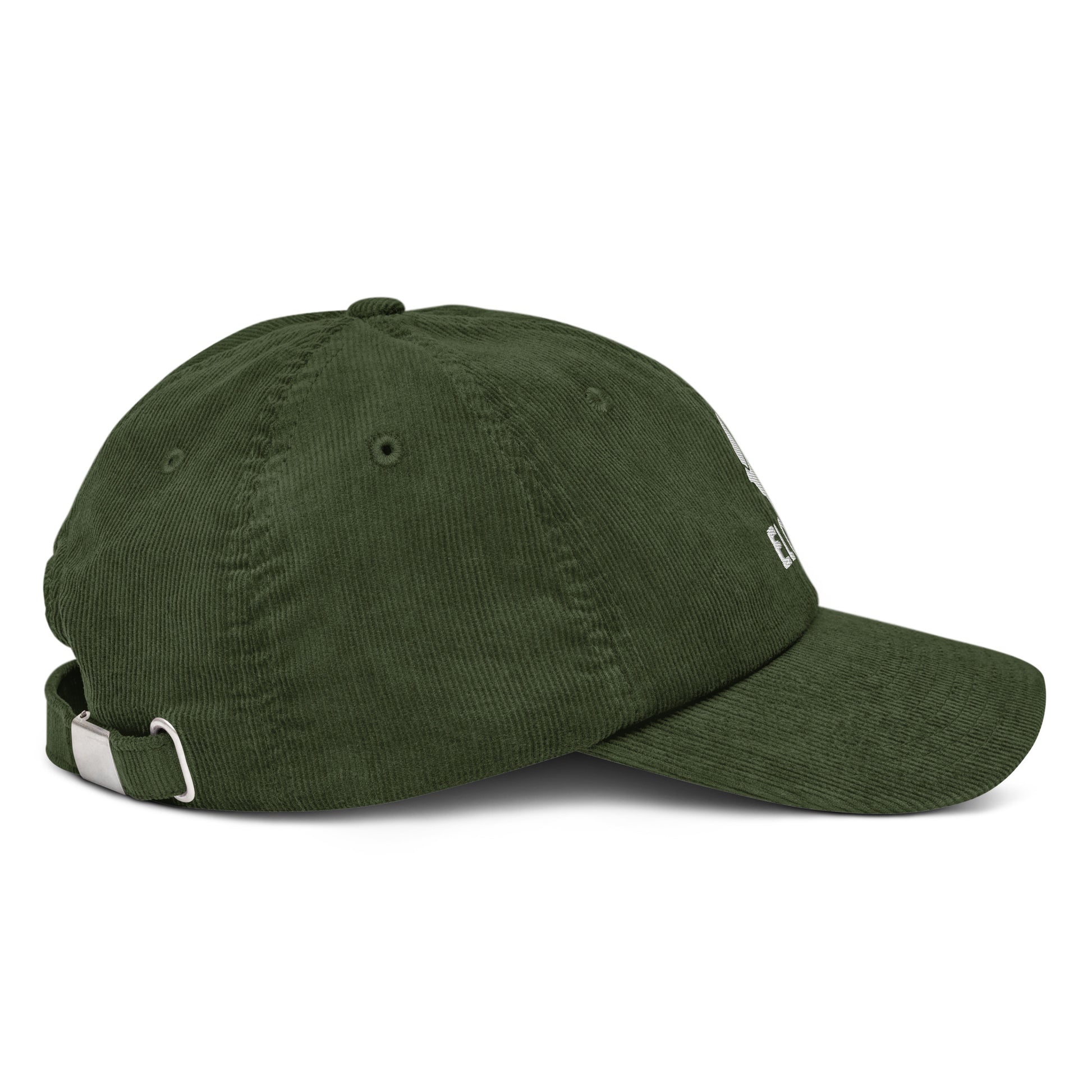 Gorra de pana verde oliva ajustable marca Elohim con logo de paloma bordado en blanco.