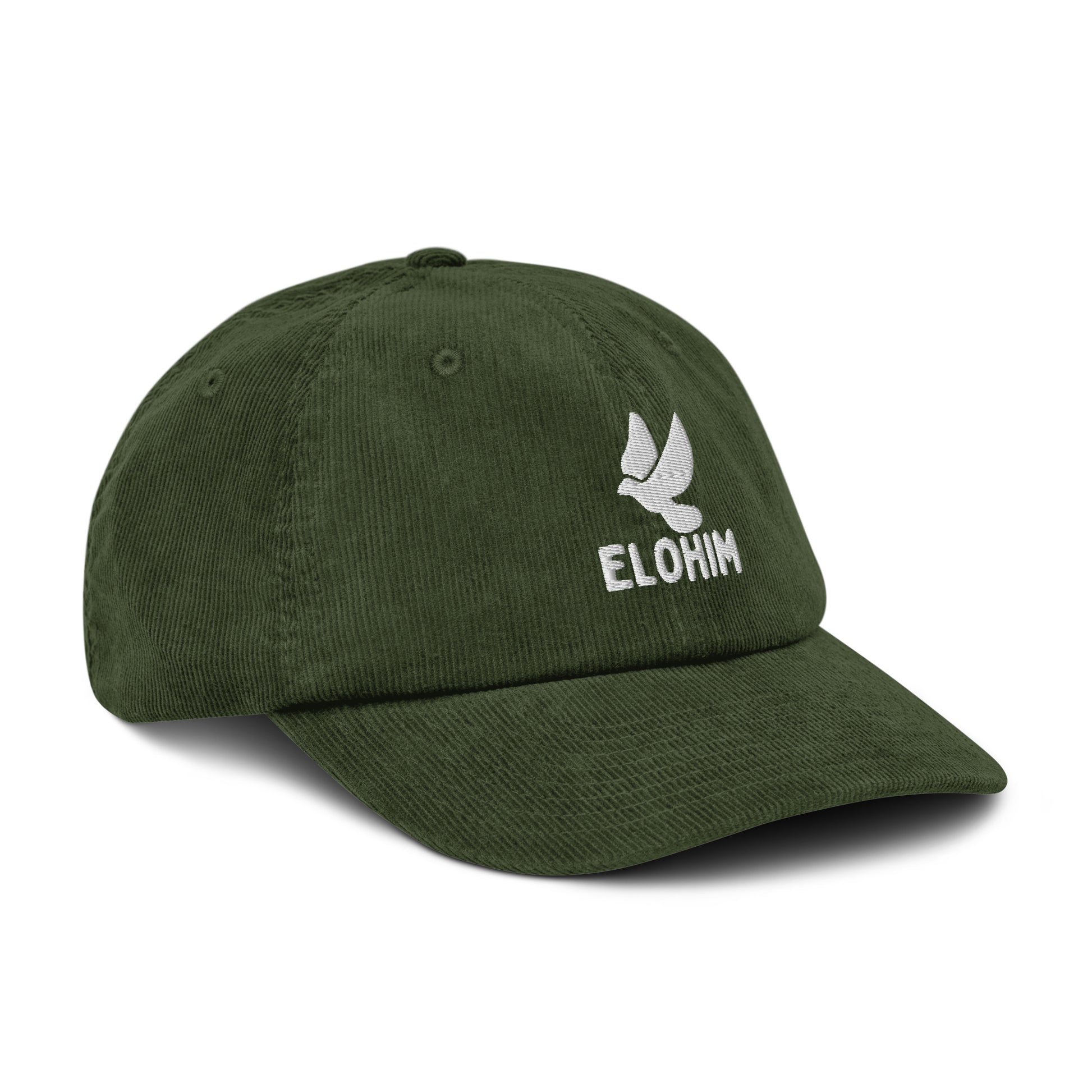 Gorra de pana verde oliva ajustable marca Elohim con logo de paloma bordado en blanco.