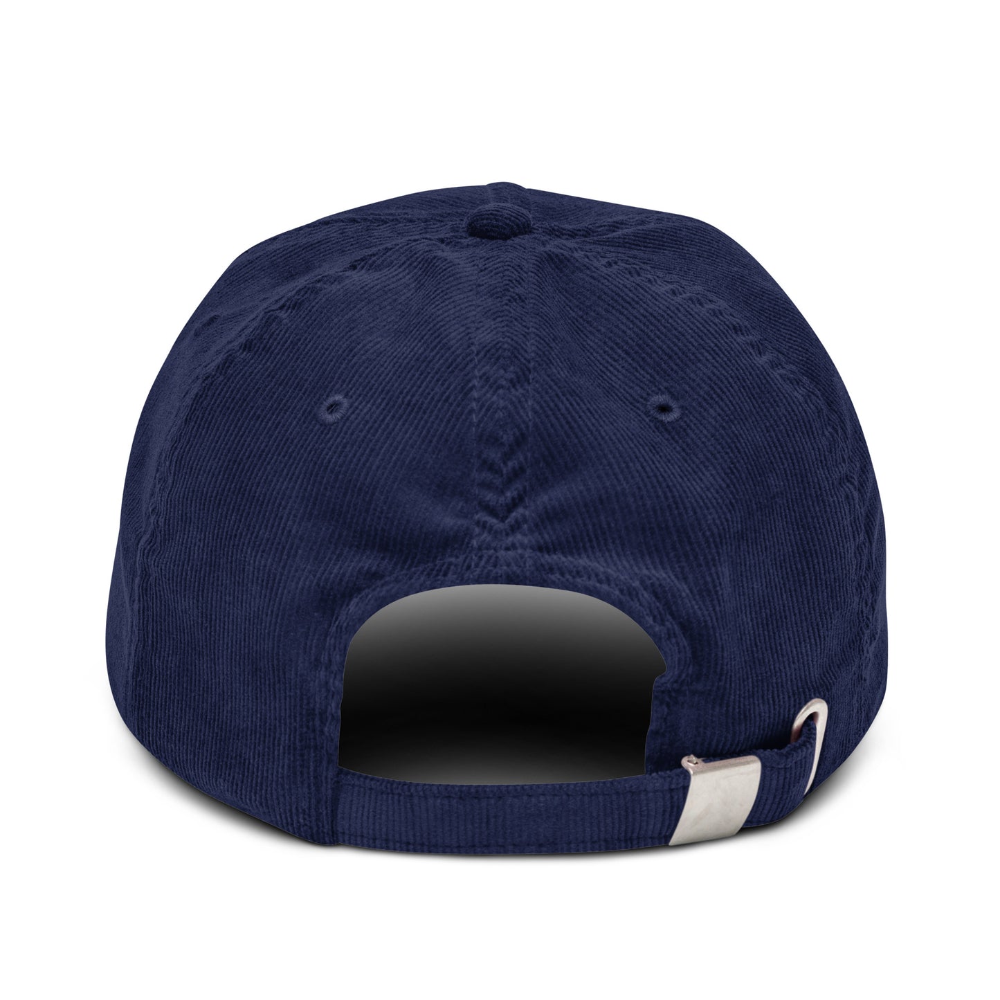 Gorra de pana azul marino ajustable marca Elohim con logo de paloma bordado en blanco.