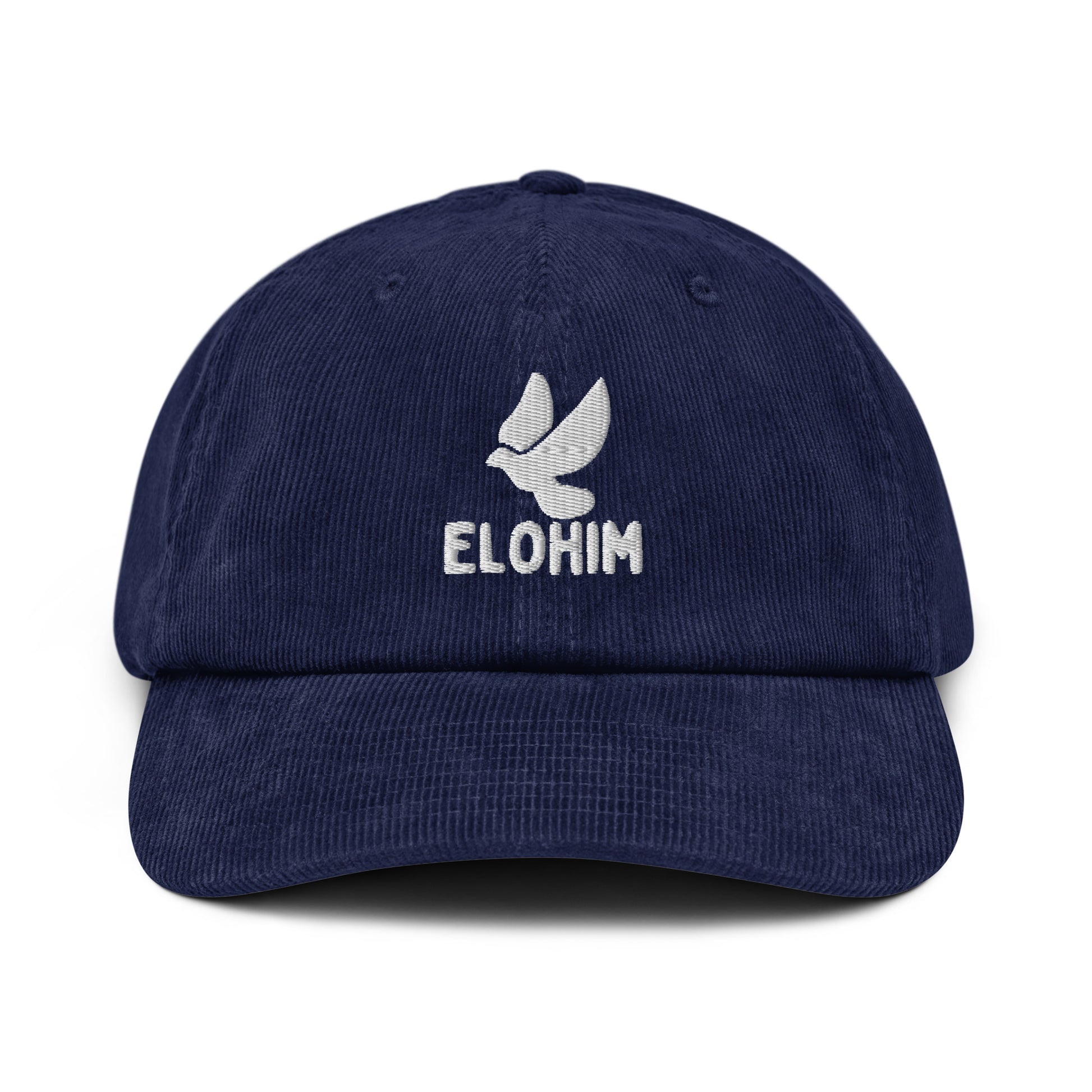Gorra de pana azul marino ajustable marca Elohim con logo de paloma bordado en blanco.