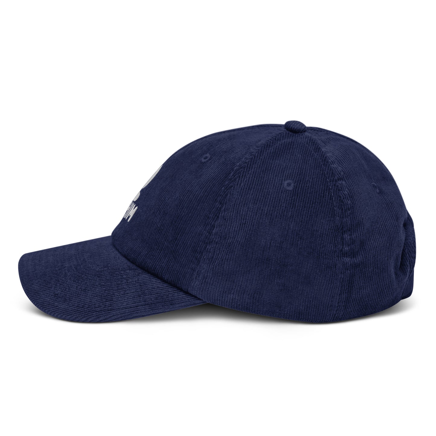 Gorra de pana azul marino ajustable marca Elohim con logo de paloma bordado en blanco.