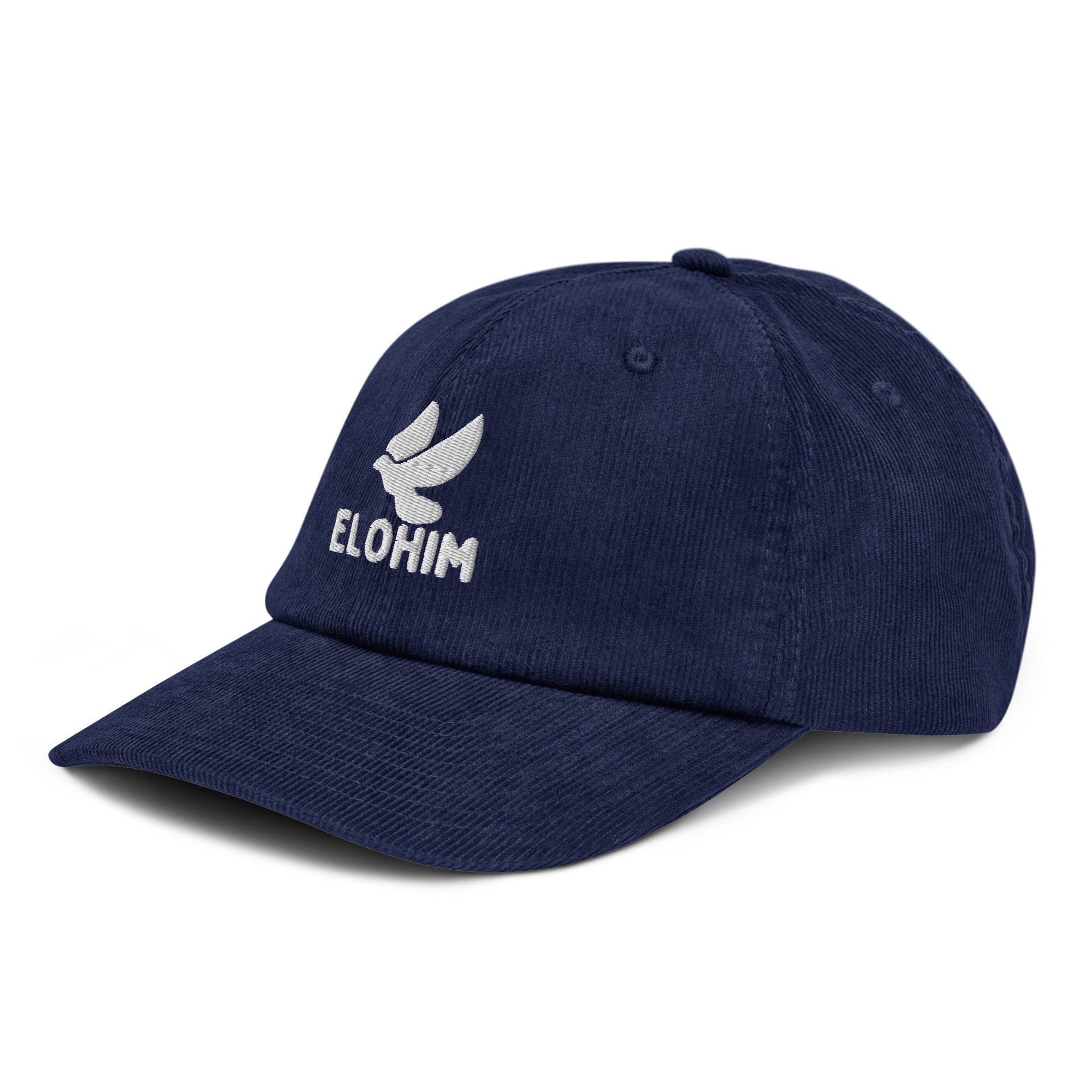 Gorra de pana azul marino ajustable marca Elohim con logo de paloma bordado en blanco.