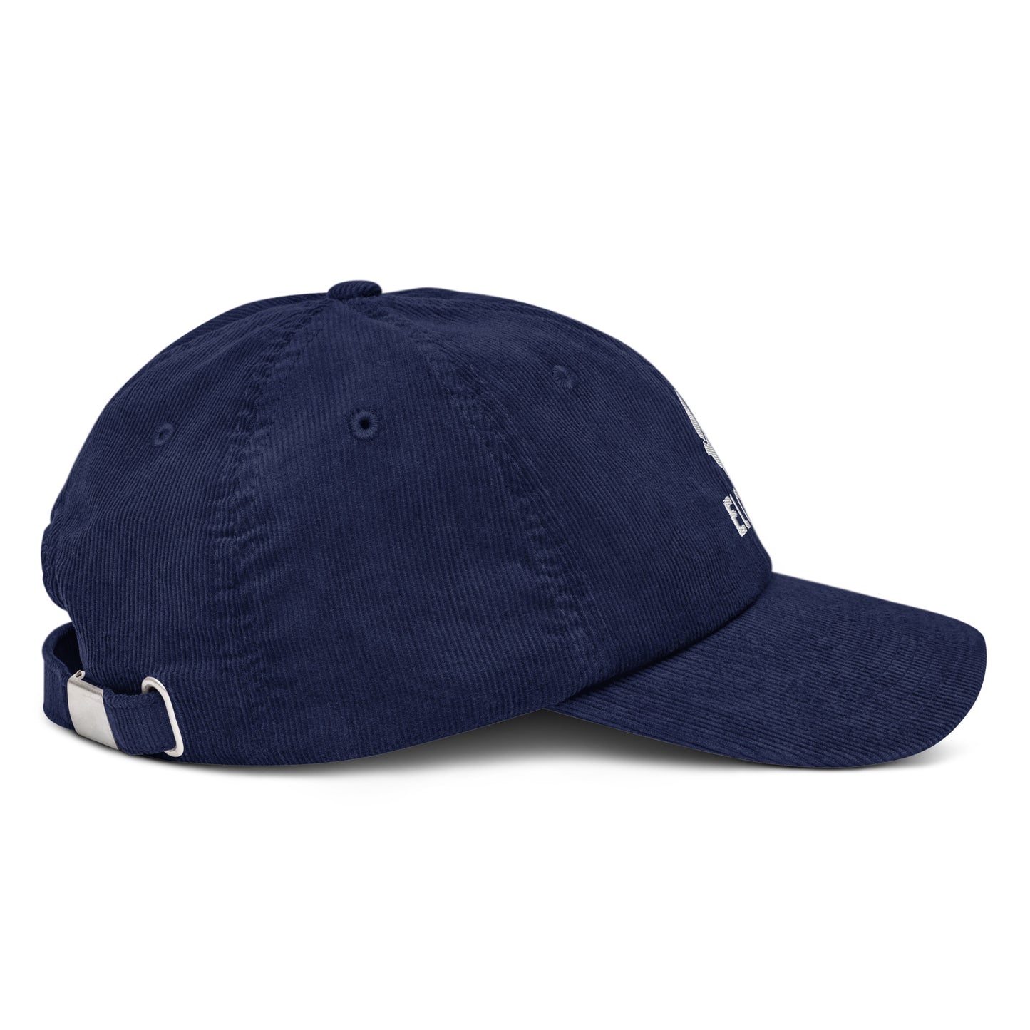 Gorra de pana azul marino ajustable marca Elohim con logo de paloma bordado en blanco.