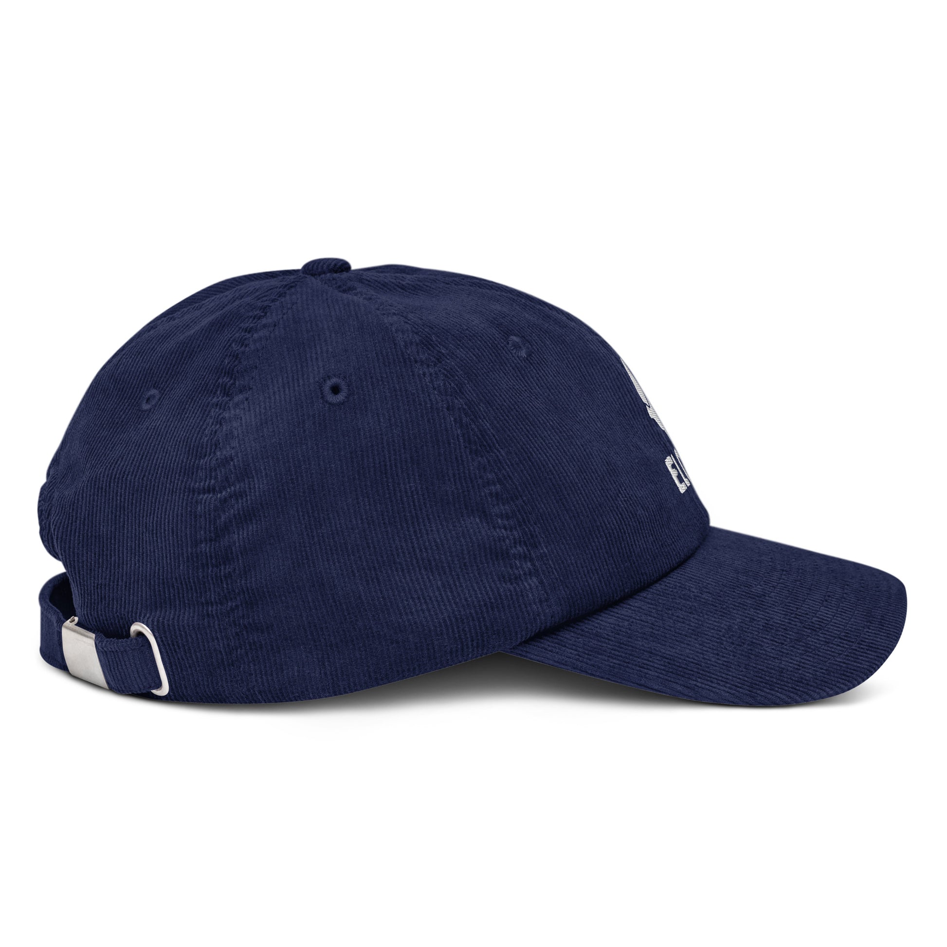 Gorra de pana azul marino ajustable marca Elohim con logo de paloma bordado en blanco.