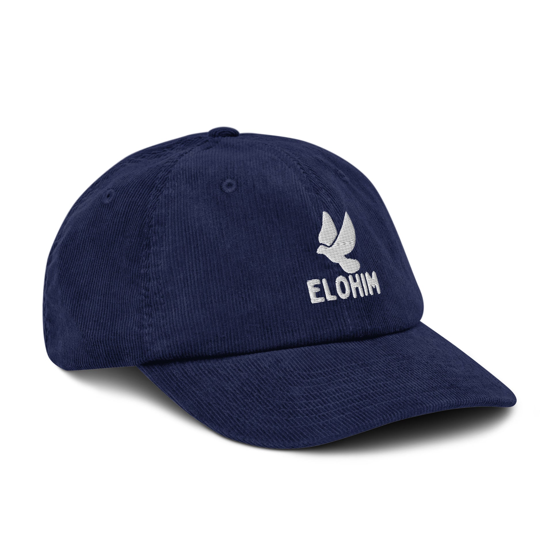 Gorra de pana azul marino ajustable marca Elohim con logo de paloma bordado en blanco.