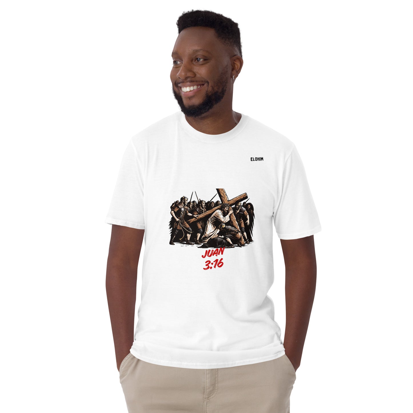 Camiseta blanca Juan 3:16 Elohim 100% algodón - Moda cristiana hombre.