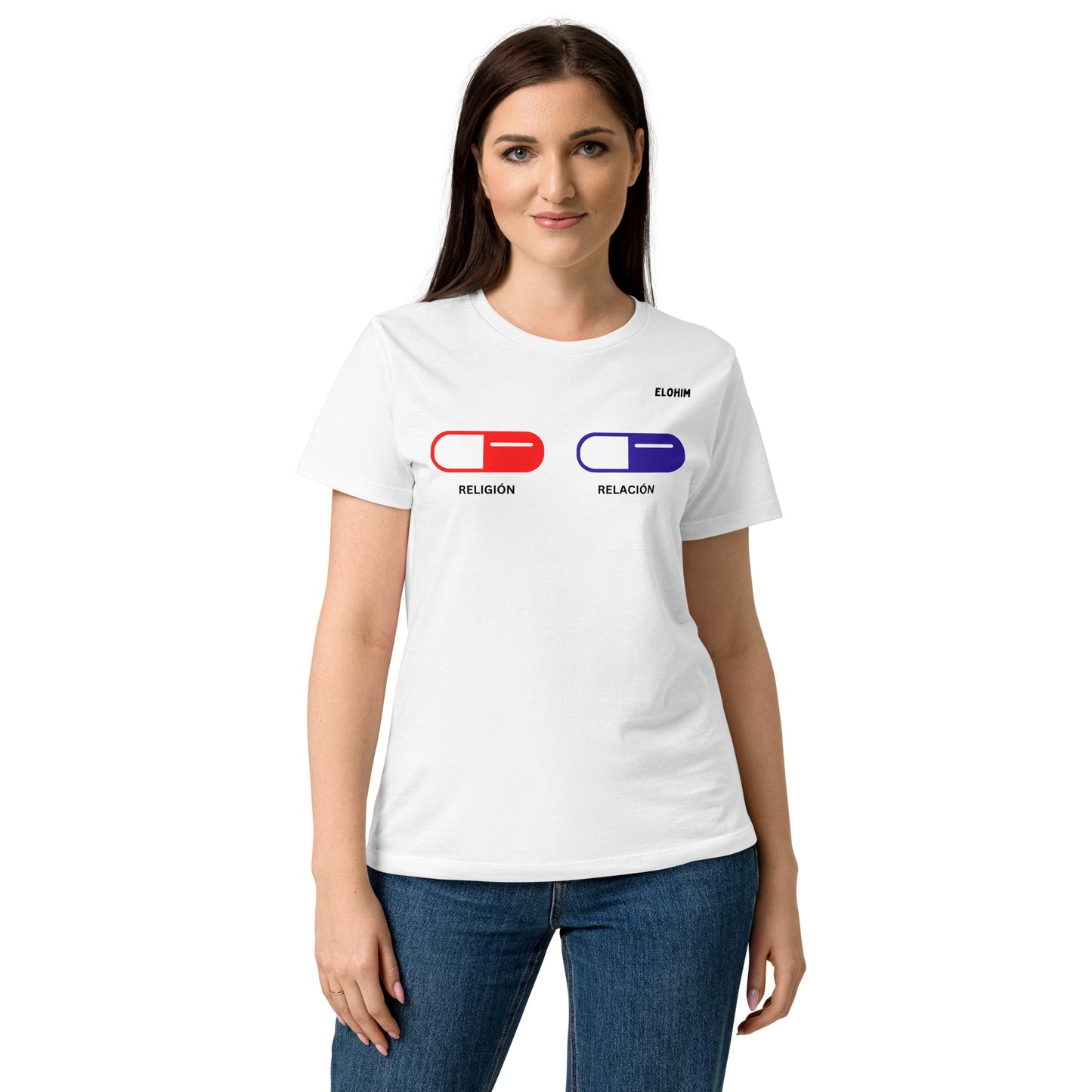Camiseta blanca mujer Religion vs Relationship Elohim - 100% algodón premium.